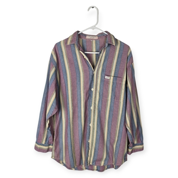 Vintage 80s Guess Purple Blue Yellow Striped Button Up Shirt - Picture 1 of 5